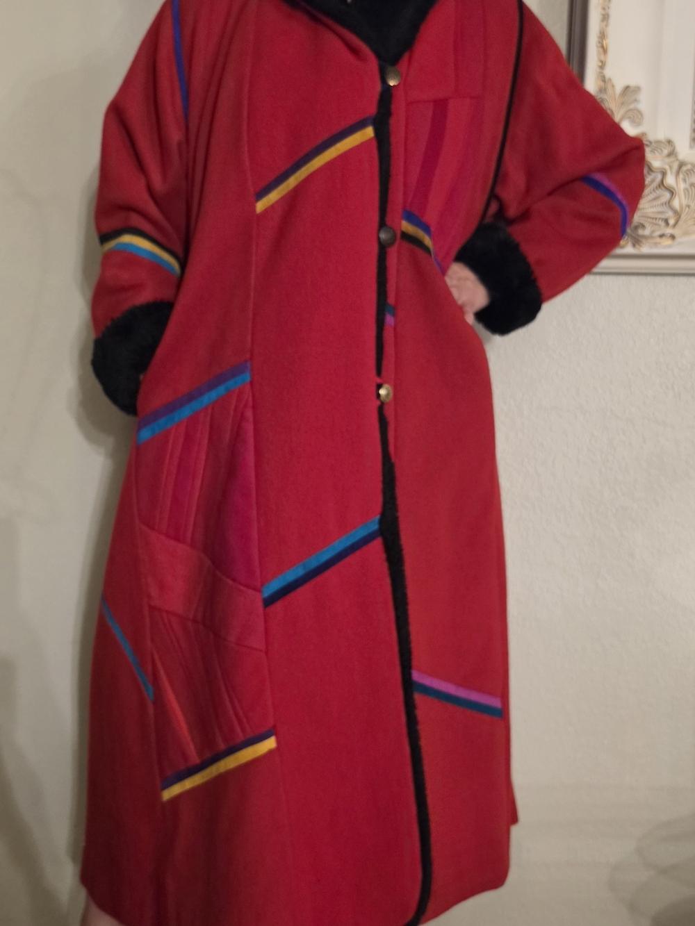 Vintage Santa Fe Re-Creations SFR Red Southwestern Colorblock Faux Fur Long Coat